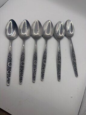 Vintage Interpur Stainless Steel Floral Teaspoons Set Of 6 Korea